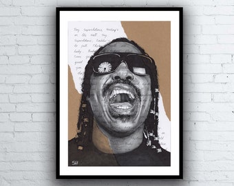 Stevie Wonder Portrait ORIGINAL Drawing with Superstition lyrics background - A4 size signed Art