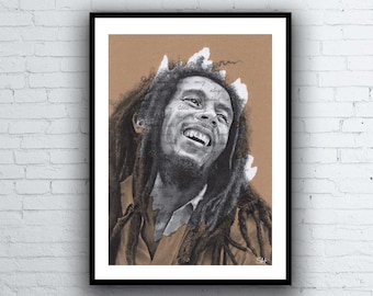 Bob Marley Portrait Drawing with Three Little Birds Lyrics - Limited Edition Giclée Art Print - A5 A4 A3 sizes