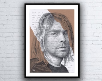 Kurt Cobain ORIGINAL Portrait Drawing with Smells Like Teen Spirit lyrics - A4 size Artwork