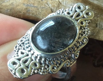 Ring rutile quartz Silver Ring 925 Ethnic Ring Medieval Ring Fantasia Ring unique Ring inclusions tourmaline black