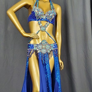 Hand made Beaded Belly Dance Samba Costume Royal blue color bra+ belt +skirt 3 pcs