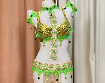 Samba Costume Hand Beaded  gold Green  color bra belt 7pcs