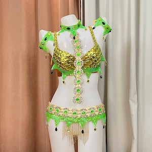 Samba Costume Hand Beaded  gold Green  color bra belt 7pcs