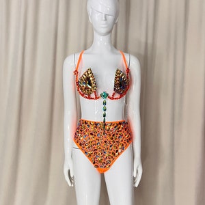 FREE SHIPPING Hand Beaded Belly Dance Samba Costume  Orange Color  bra panty 2pcs