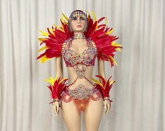 Halloween costumes Hand make RAVE Belly Dance Samba Costume  bra belt with feather shoulder,arm and leg piece