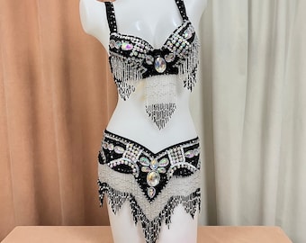 FREE SHIPPING Hand Beaded Belly Dance Samba Costume bra belt 2pcs tf1618