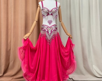 FREE SHIPPING Hand Beaded Belly Dance Samba Costume hot pink color bra+ belt +skirt 3 pcs tf1618