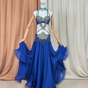 Hand made Beaded Belly Dance Samba Costume ROYAL BLUE color bra+ belt +skirt+neck 4 pcs tf1732