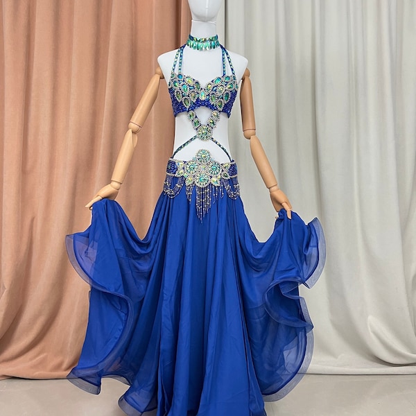 Hand gemacht Bauchtanz Kostüm Samba Kostüm ROYAL BLAU farbe BH + Gürtel + Rock + Hals 4 Stück tf1732