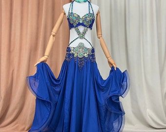 Hand made Beaded Belly Dance Samba Costume ROYAL BLUE color bra+ belt +skirt+neck 4 pcs tf1732