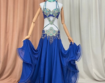 Hand made Beaded Belly Dance Samba Costume ROYAL BLUE color bra+ belt +skirt+neck 4 pcs tf1732