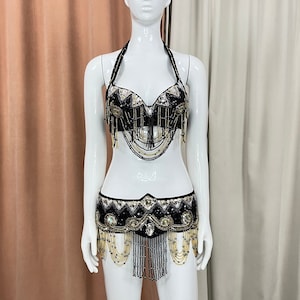 LIVRAISON GRATUITE Costume de samba de danse du ventre perlé à la main costumes d'halloween ceinture de soutien-gorge 2 pièces-noir
