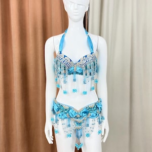 FREE SHIPPING Hand Beaded Belly Dance Samba Costume Light Blue bra AND belt 2pcs
