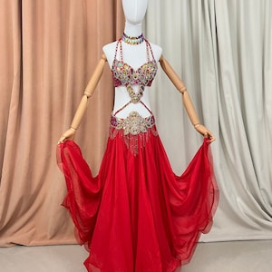 Hand made Beaded Belly Dance Samba Costume red color bra+ belt +skirt+neck 4 pcs tf1732