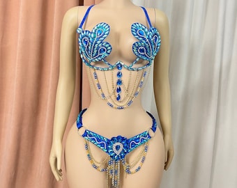 Halloween costumes Samba Carnivel wire Bra and belt Rainbow Stone  CB010 Royal blue and gold color