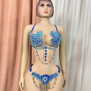 Halloween costumes Samba Carnivel wire Bra and belt Rainbow Stone  CB010 Royal blue and gold color