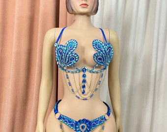 Halloween costumes Samba Carnivel wire Bra and belt Rainbow Stone  CB010 Royal blue and gold color