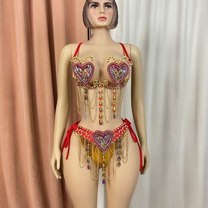 Samba Carnival wire bra and  panty Hand Beads Passista Pageant Cabaret Broadway Theater Mardi Gras, Vegas Showgirl CB1721-2