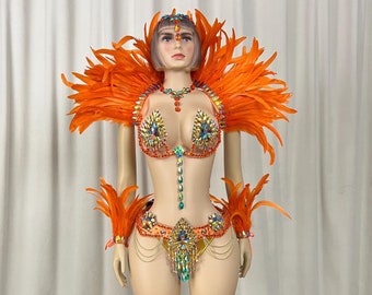 Samba Carnival Wire Bra & Belt Rainbow stones with Feather Shawl For Festival Costumes
