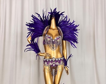 Halloween costumes Hand make RAVE Belly Dance Samba Costume  bra belt with feather shoulder,arm and leg piece