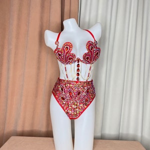 PARTY club Samba dress Bra high panties Bottom Red Color RAVE BRA CB013