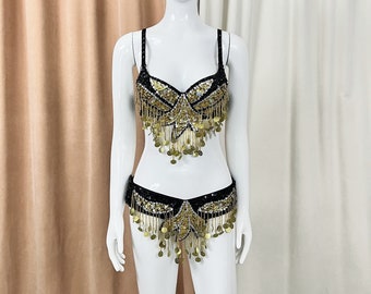 Samba Belly Dancing Hand Beaded Costume Black & Gold Color Bra