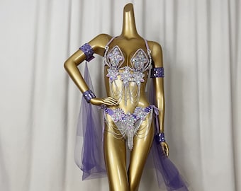 May include: A purple and silver sequined costume with a bra top, a skirt, and arm cuffs. The costume is decorated with rhinestones and chains.