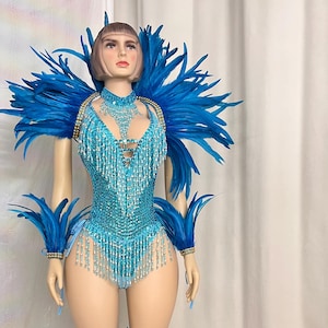 May include: A blue and turquoise beaded costume with feather accents. The costume includes a bodice, arm cuffs, and leg cuffs. The bodice has a plunging neckline and a beaded fringe.