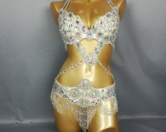Halloween costumes Hand make Beaded Belly Dance Samba Costume silver color bra belt 2pcs tf1732