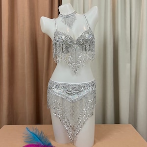 Ensemble de costumes de danse du ventre 2 photos fait main soutien-gorge + ceinture couleur or, argent et blanc au choix, n'importe quelle taille