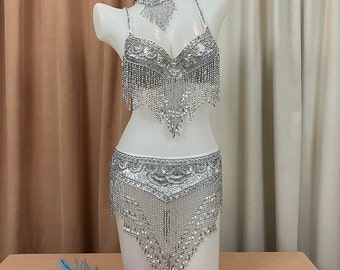 belly dance dancing costume set outfits 2pics handmade bra+belt gold,silver and white color can chosoe, any size