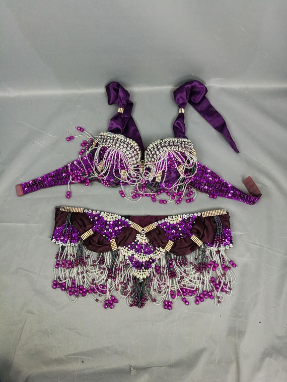 Halloween Costumes Hand Beaded Belly Dance Samba Costume Purple Color Bra  Belt 2pcs 