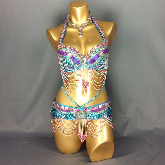 FREE SHIPPING Hand Make Belly Dance Carnivel Samba Costume TRQ Bra Belt  2pcs 