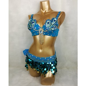 Samba Belly Dance Costume FREE SHIPPING Hand Beaded Blue Color Bra and Scarf image 1