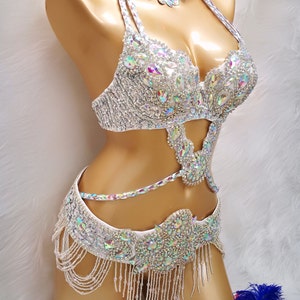 Halloween costumes Hand make Beaded Belly Dance Samba Costume silver color bra belt 3 pcs tf1732 image 2