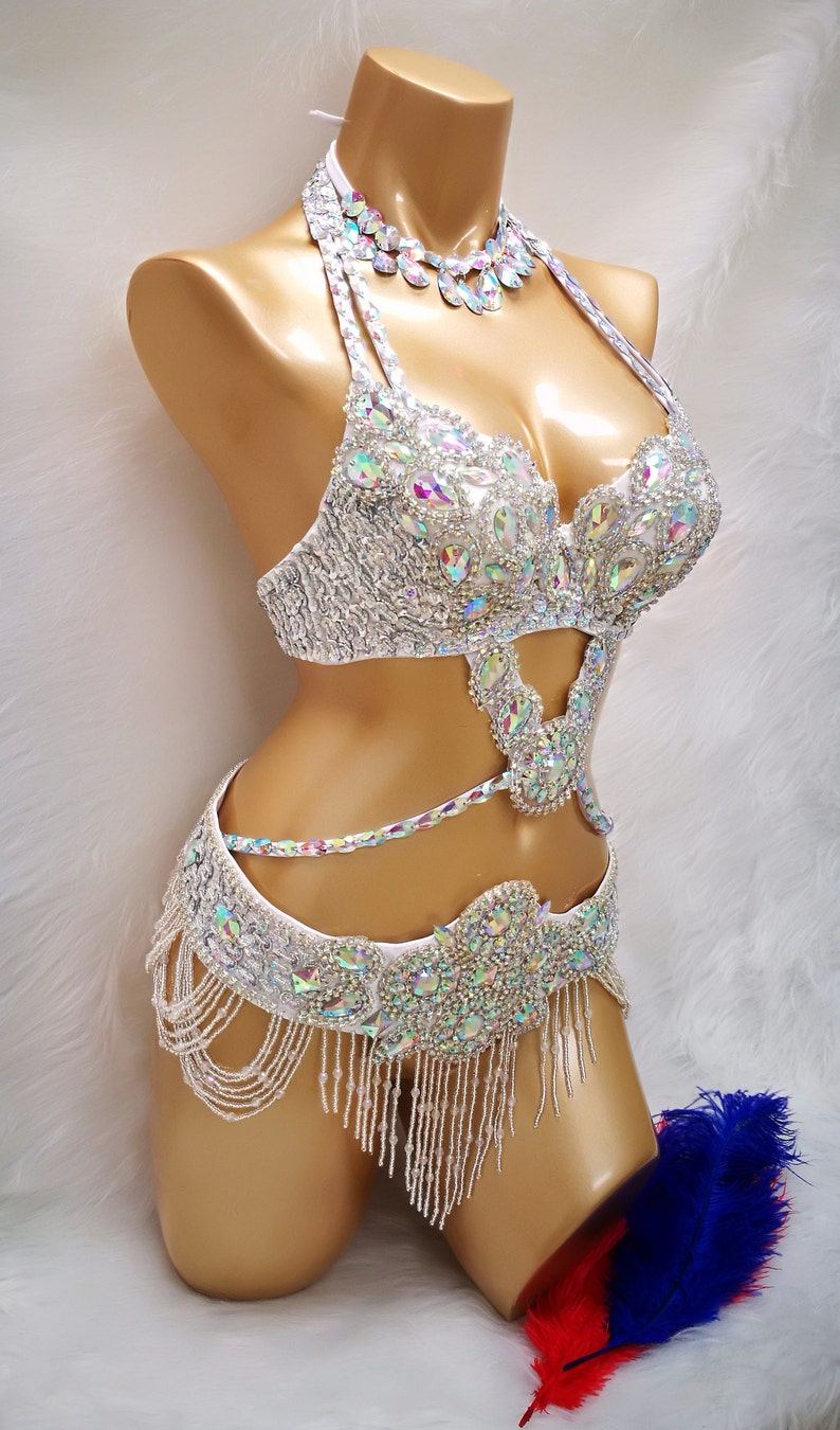 Halloween costumes Hand make Beaded Belly Dance Samba Costume silver color bra belt 3 pcs tf1732 image 2