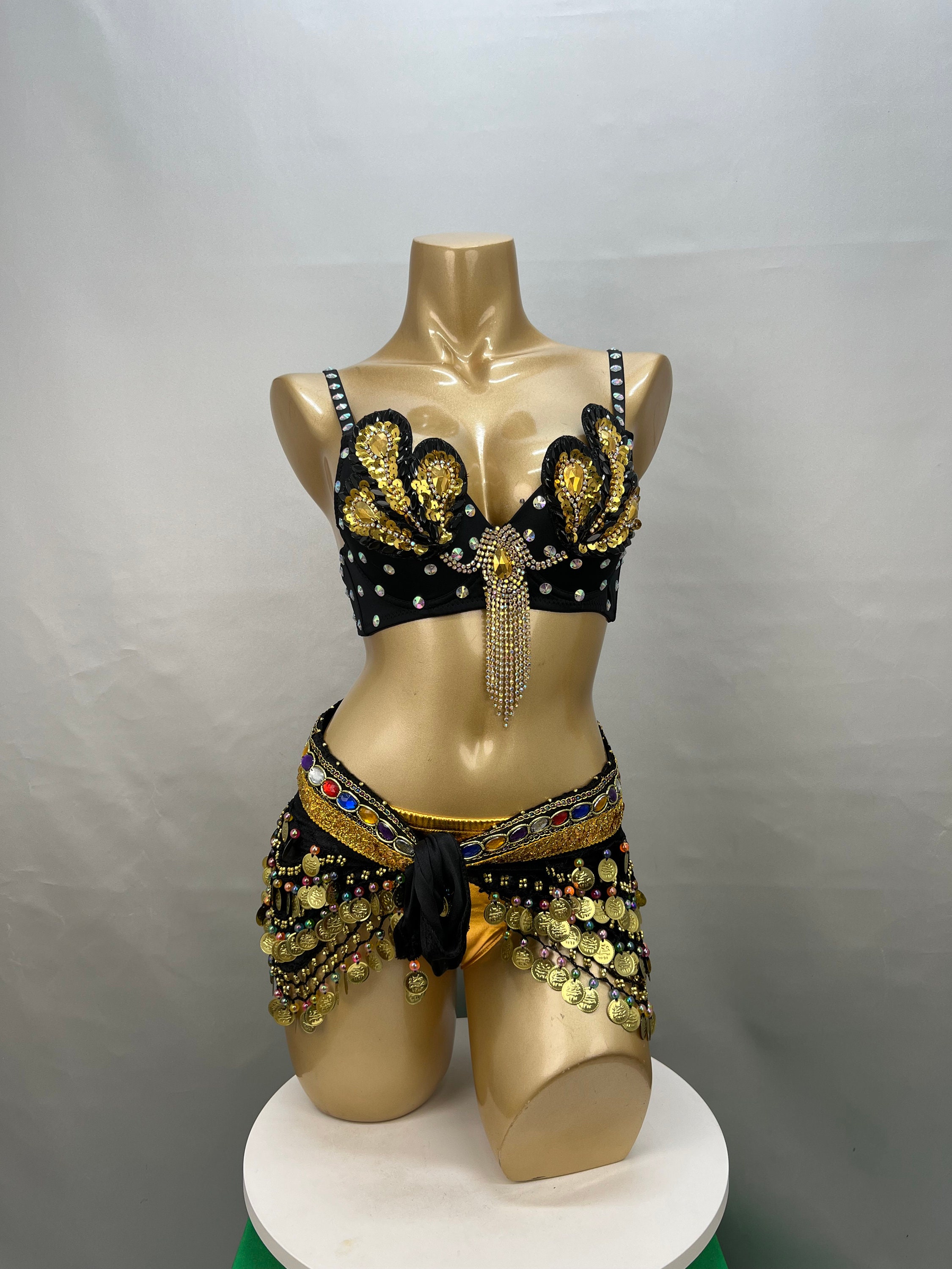 Samba Belly Dance Costume FREE SHIPPING Hand Beaded Black Color  Bra and Hips Scarf