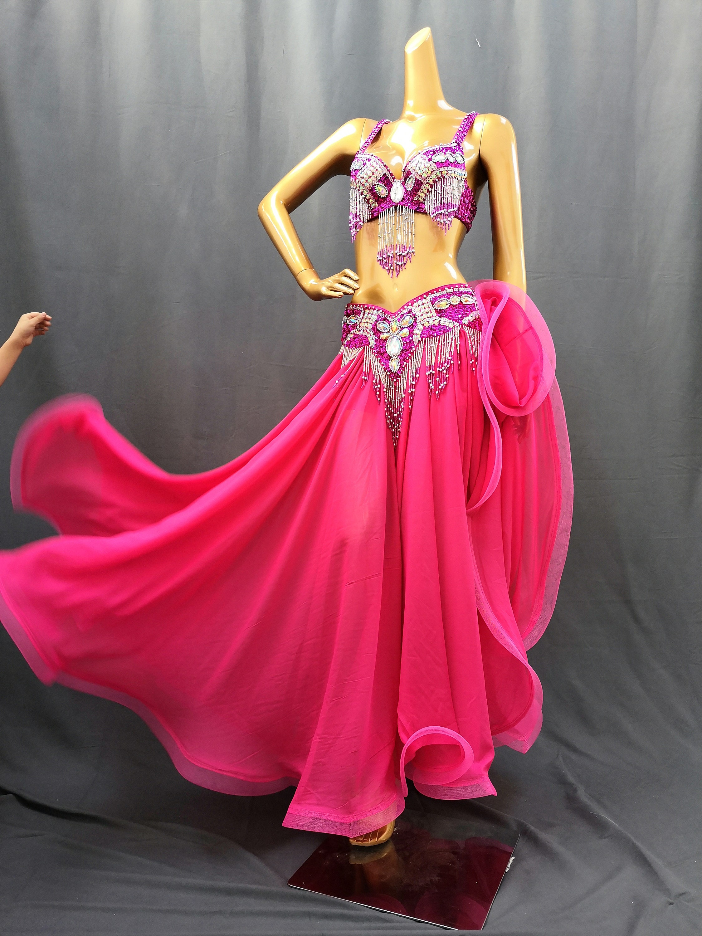 FREE SHIPPING Hand Beaded Belly Dance Samba Costume Hot Pink Color