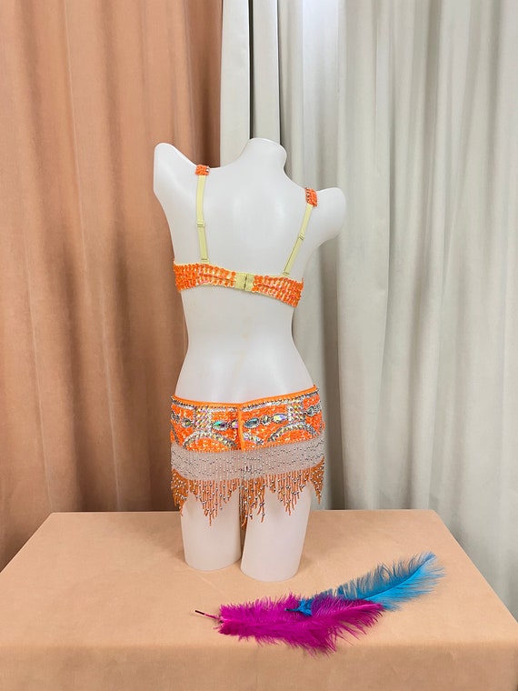 FREE SHIPPING Hand Beaded Belly Dance Samba Costume Bra Belt 2pcs