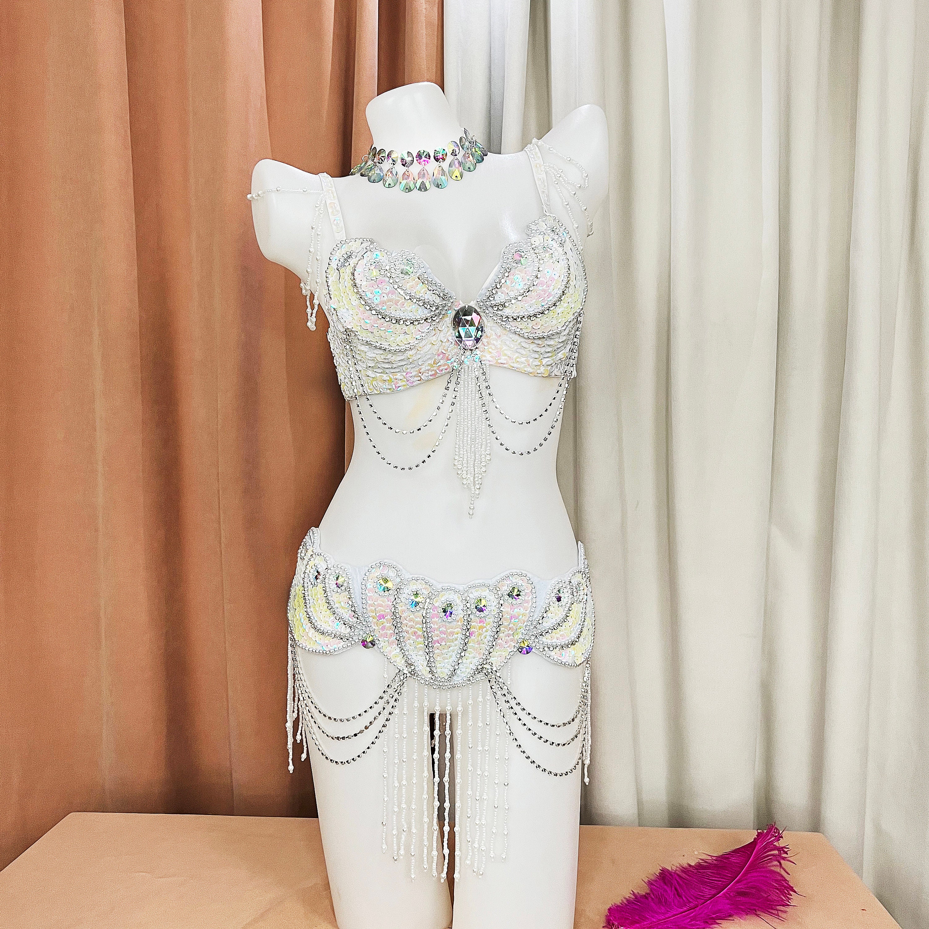 Costume De Danse Pailleté Avec Franges 2025 - Bretelles, Bikini Et String - Noir, Bleu Ciel, Taille XL - 4
