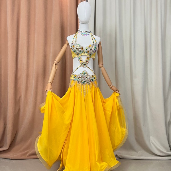Hand made Beaded Belly Dance Samba Costume yellow multicolour bra+ belt +skirt+neck 4 pcs tf1732