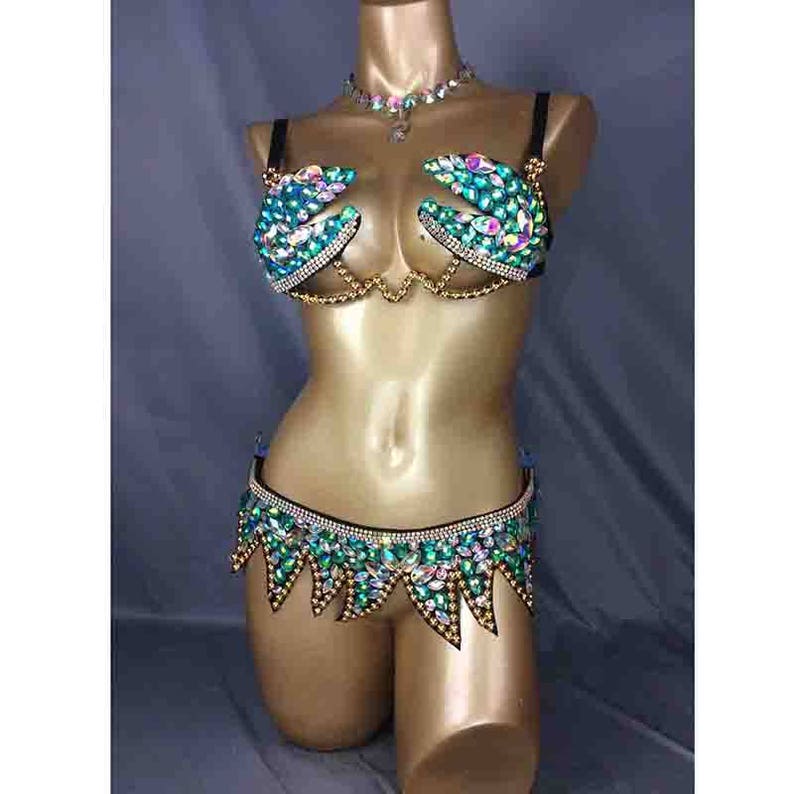 Samba Carnivel wire Bra and belt Rainbow Stone FREE SHIPPING CB007 black and gold color 