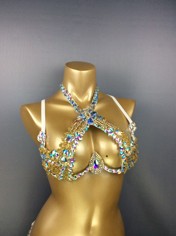 Samba Carnival Rave Festival Paty Wire Bra Rainbow Stone 