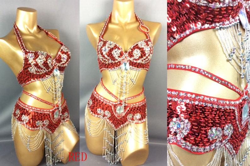 FREE SHIPPING Hand Beaded Belly Dance Samba Costume Red bra belt 2pcs 