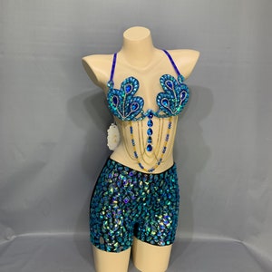 PARTY club Samba vestido Contas Sutiã calcinha alta Bottom RAVE BRA Royal Blue cor BP008