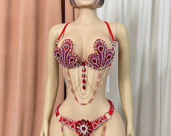 Samba Carnivel wire Bra and belt Rainbow Stone FREE SHIPPING CB010 red and gold color