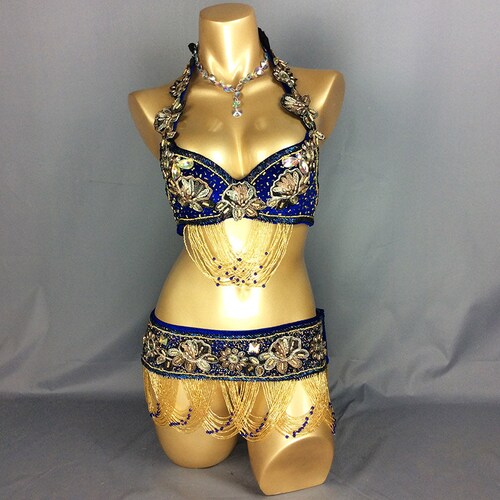 Women's Belly Dance Hip Scarf Set - Samba Costume With Bra Top & Beaded Coins Belt - India Style