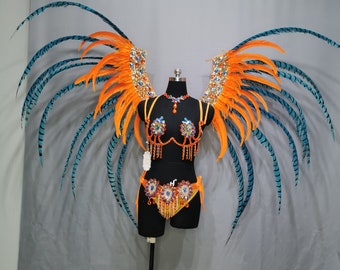 Samba Carnival wire bra and  panty,feather collar piece Hand Beads Passista Pageant Cabaret Broadway Theater Mardi Gras, free shipping CF021