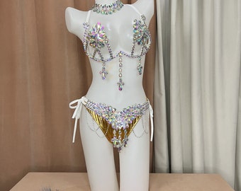 Soutien-gorge et culotte en armature métallique samba Carnival faits à la main, perles faites main, reconstitution historique de Passista, cabaret, théâtre de Broadway, mardi gras, Vegas Showgirl C023