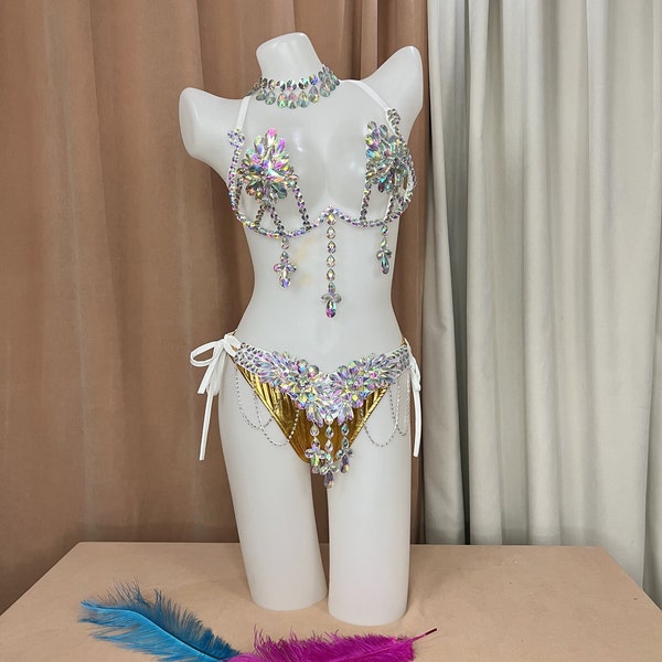 Hand Made Samba Carnival wire bra and  panty Hand Beads Passista Pageant Cabaret Broadway Theater Mardi Gras, Vegas Showgirl C023